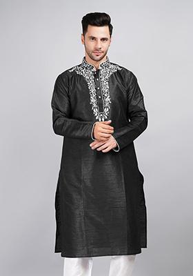 Black Solid Art Silk Kurta Set For Men