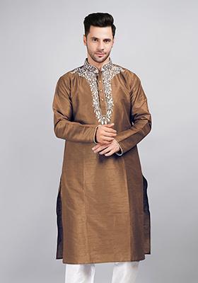 Brown Solid Art Silk Kurta Set For Men