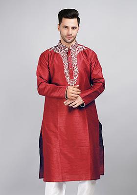 Maroon Solid Art Silk Kurta Set For Men