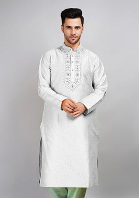 Off White Solid Art Silk Kurta Set For Men