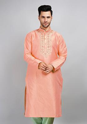 Pink Solid Art Silk Kurta Set For Men
