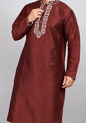 Maroon Solid Art Silk Kurta Set For Men