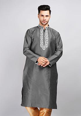 Grey Solid Art Silk Kurta Set For Men