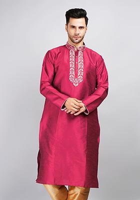 Pink Solid Art Silk Kurta Set For Men