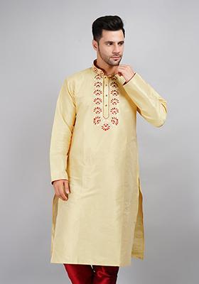 Fawn Orange Solid Art Silk Kurta Set For Men