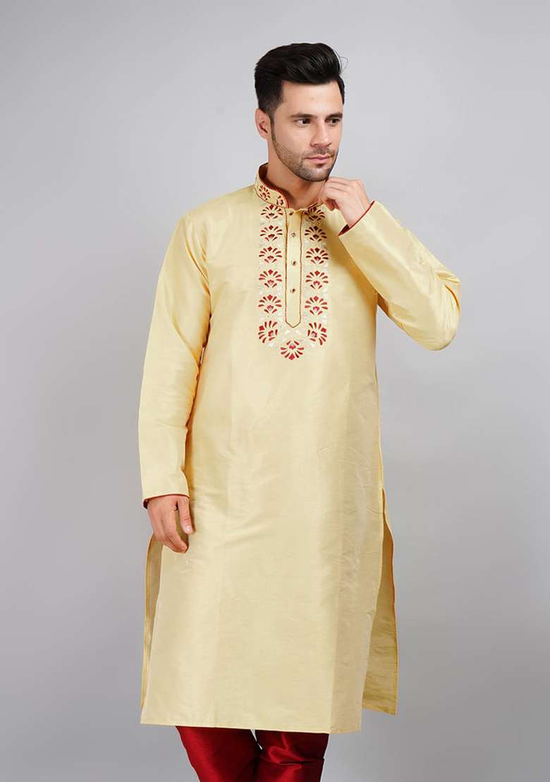 Fawn Orange Solid Art Silk Blend Kurta Set For Men - Indya