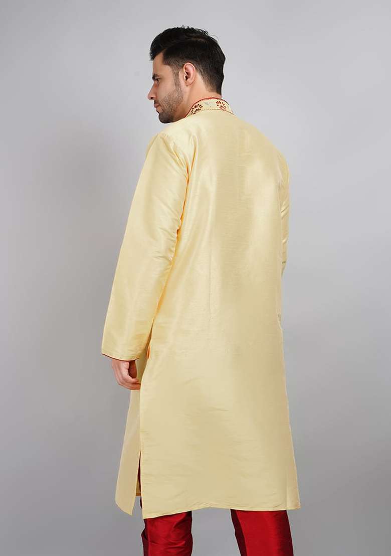 Fawn Orange Solid Art Silk Blend Kurta Set For Men - Indya