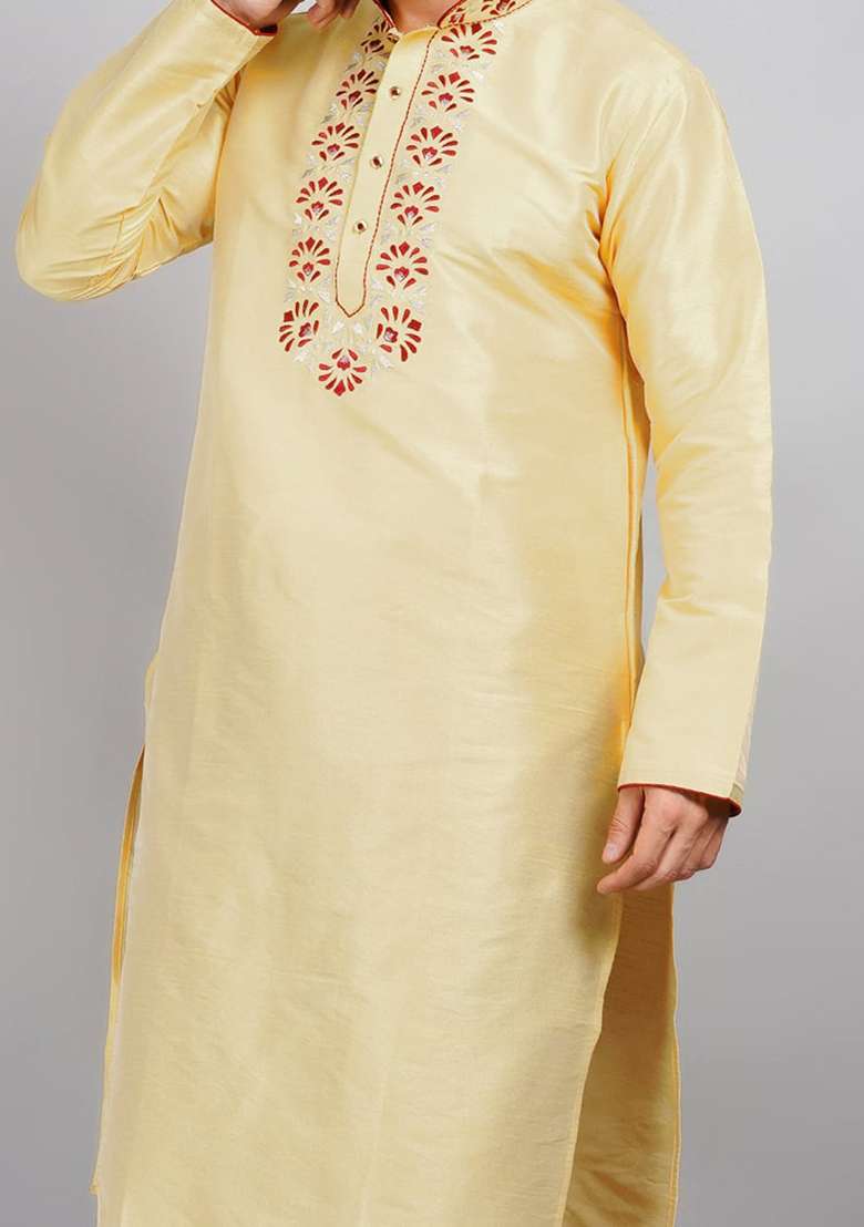 Fawn Orange Solid Art Silk Blend Kurta Set For Men - Indya