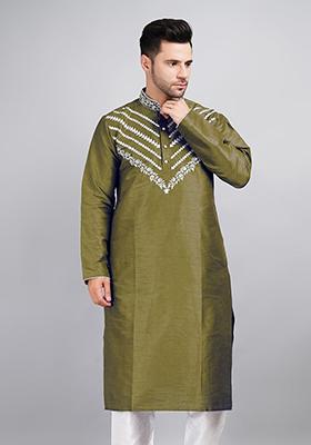 Mehendi Green Solid Art Silk Kurta Set For Men