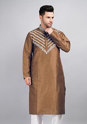 Brown Solid Art Silk Kurta Set For Men
