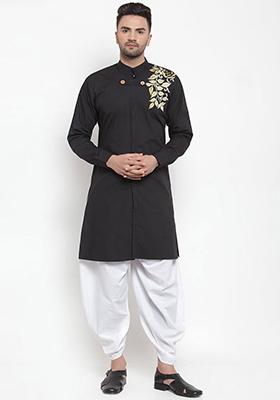 Black Solid Cotton Kurta Set For Men