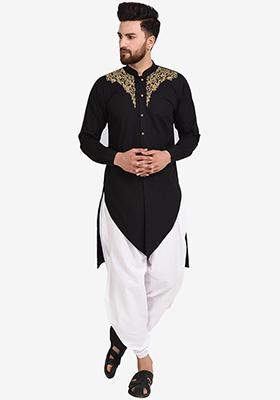 Black Solid Cotton Kurta Set For Men