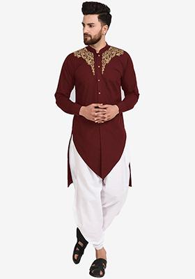 Maroon Solid Cotton Kurta Set For Men