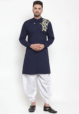 Navy Blue Solid Cotton Kurta Set For Men