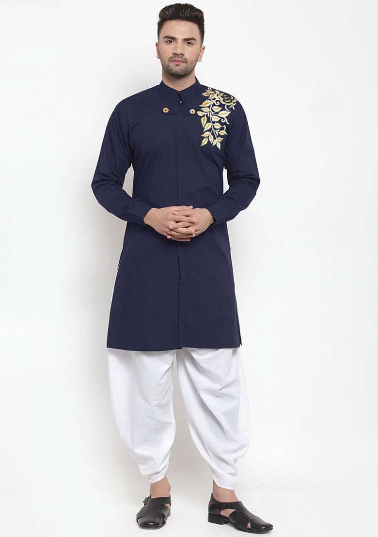 Navy Blue Solid Cotton Kurta Set For Men - Indya