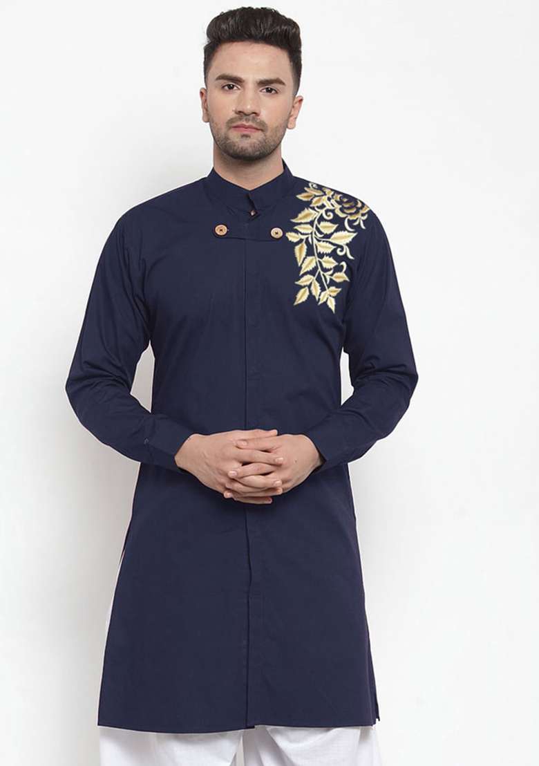 Navy Blue Solid Cotton Kurta Set For Men - Indya