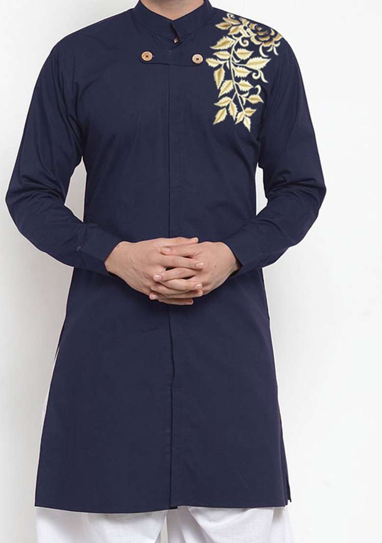 Navy Blue Solid Cotton Kurta Set For Men - Indya