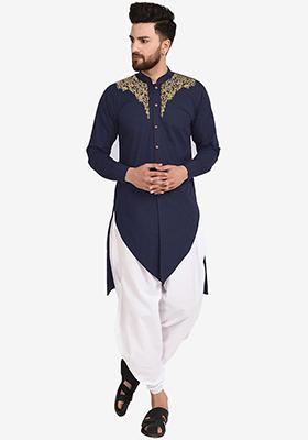 Navy Blue Solid Cotton Kurta Set For Men