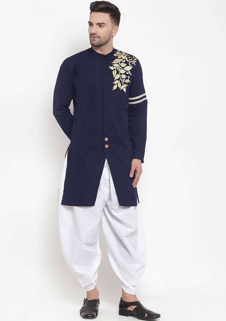Navy Blue Solid Cotton Kurta Set For Men - Indya