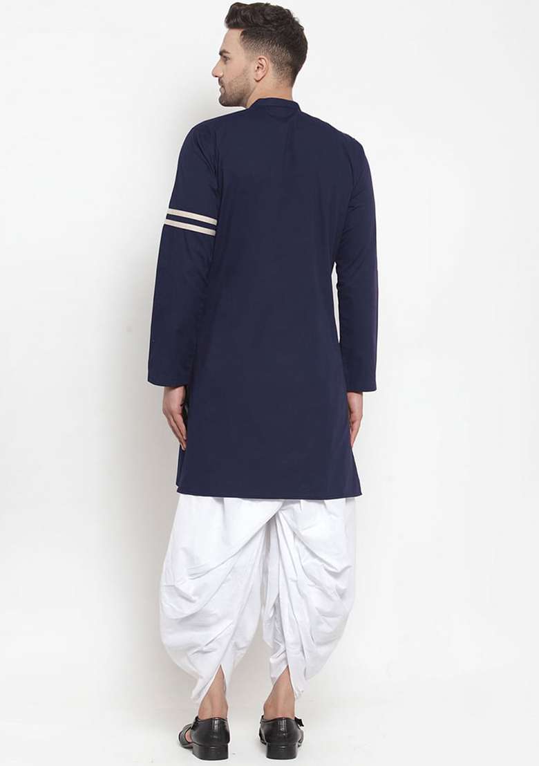 Navy Blue Solid Cotton Kurta Set For Men - Indya