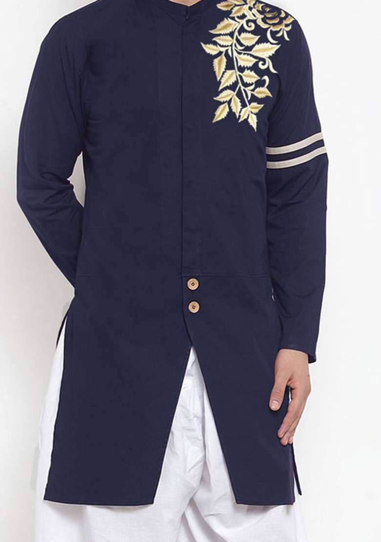 Navy Blue Solid Cotton Kurta Set For Men - Indya
