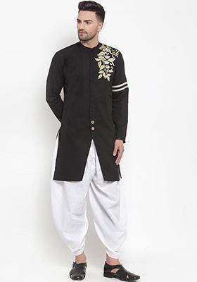 Black Solid Cotton Kurta Set For Men