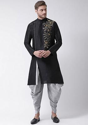 Black Solid Art Silk Kurta Set For Men