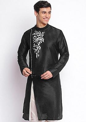 Black Solid Art Silk Kurta Set For Men