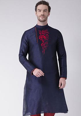 Navy Blue Solid Art Silk Kurta Set For Men