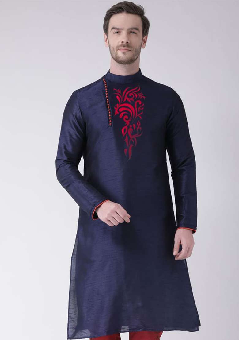 Navy Blue Solid Art Silk Blend Kurta Set For Men - Indya