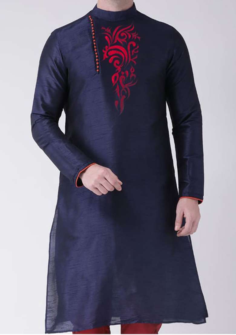 Navy Blue Solid Art Silk Blend Kurta Set For Men - Indya