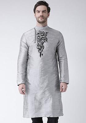 Grey Solid Art Silk Kurta Set For Men