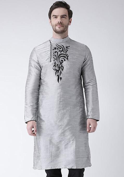 Grey Solid Art Silk Kurta Set For Men