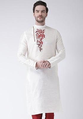 Off White Solid Art Silk Kurta Set For Men
