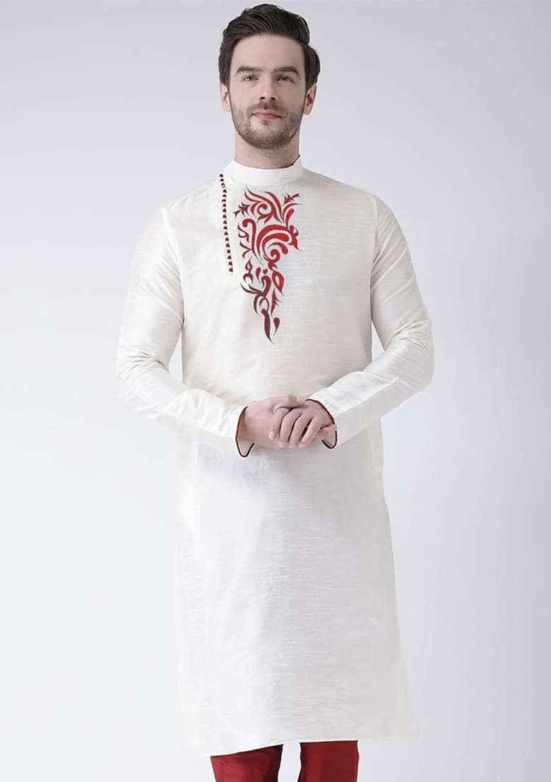 Off White Solid Art Silk Blend Kurta Set For Men - Indya