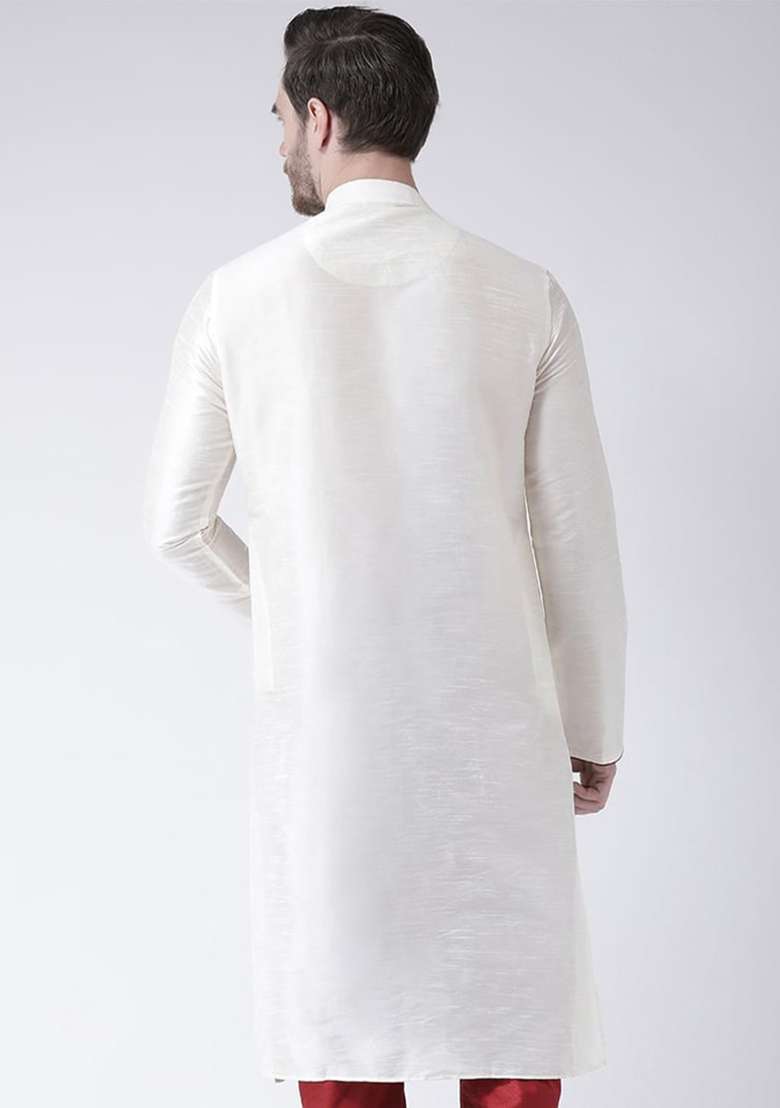 Off White Solid Art Silk Blend Kurta Set For Men - Indya