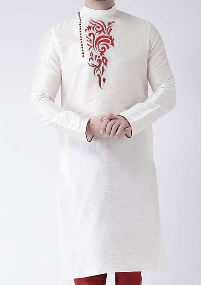 Off White Solid Art Silk Blend Kurta Set For Men - Indya