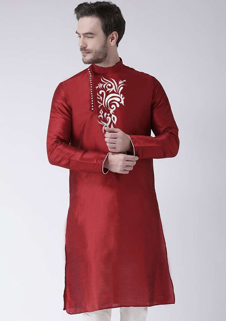 Maroon Solid Art Silk Blend Kurta Set For Men - Indya
