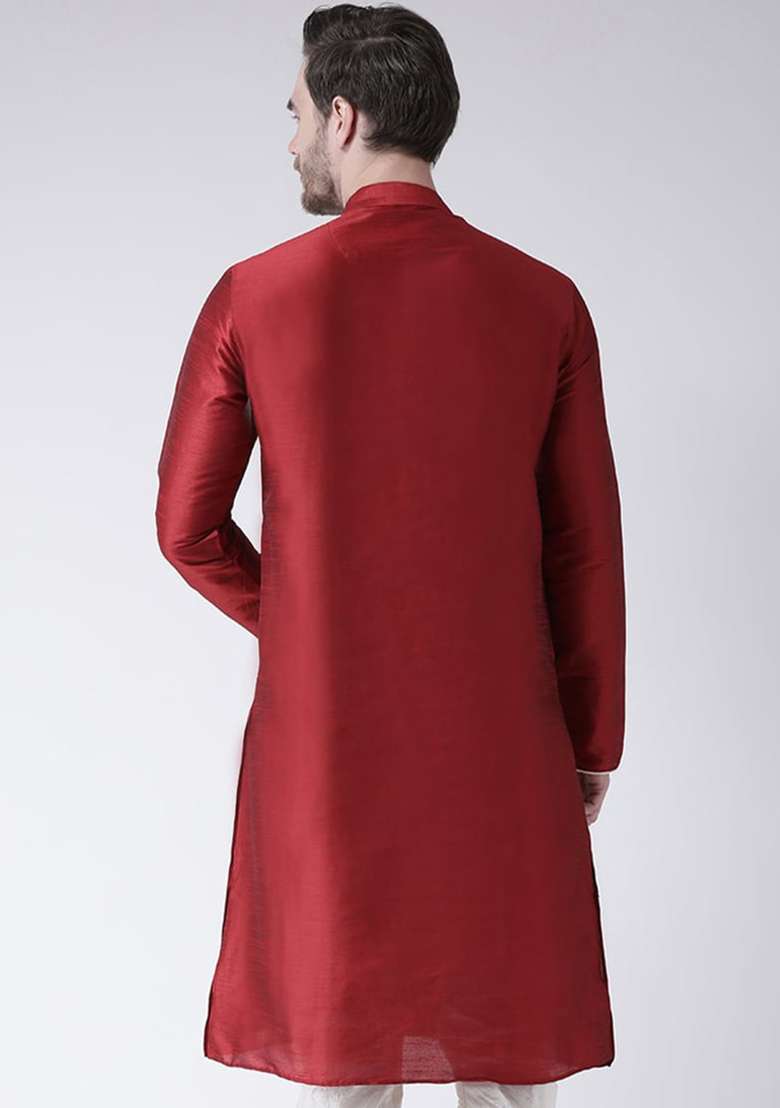 Maroon Solid Art Silk Blend Kurta Set For Men - Indya