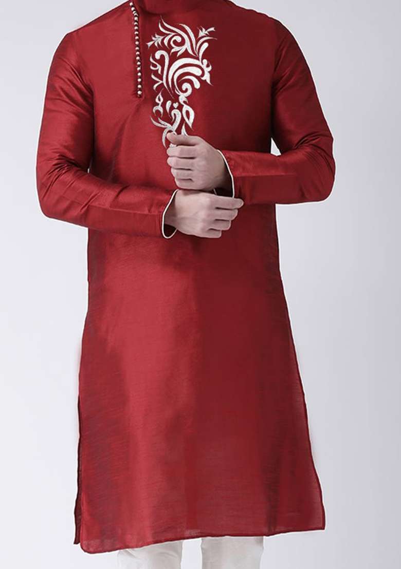 Maroon Solid Art Silk Blend Kurta Set For Men - Indya