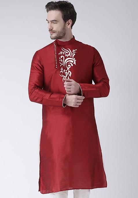 Maroon Solid Art Silk Kurta Set For Men