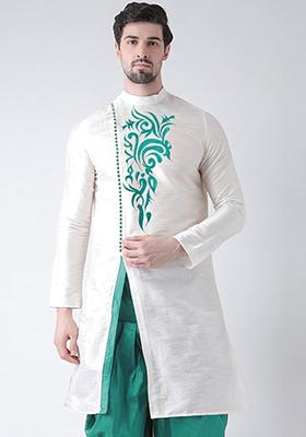 Off White Solid Art Silk Indo Western Sherwani Set For Men