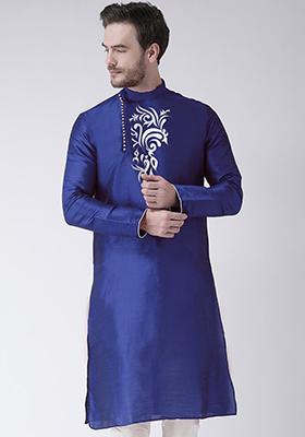 Navy Blue Solid Art Silk Kurta Set For Men