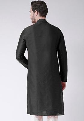 Black Solid Art Silk Kurta Set For Men