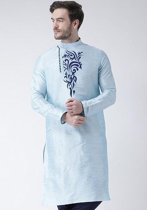 Sky Blue Solid Art Silk Kurta Set For Men