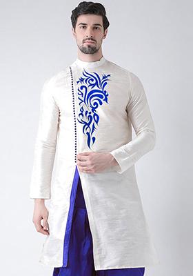 Cream Solid Art Silk Indo Western Sherwani Set For Men
