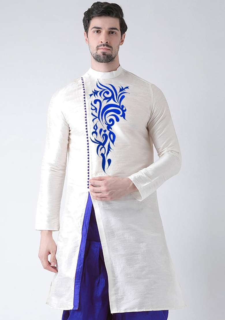 Cream Solid Art Silk Blend Indo Western Sherwani Set For Men - Indya