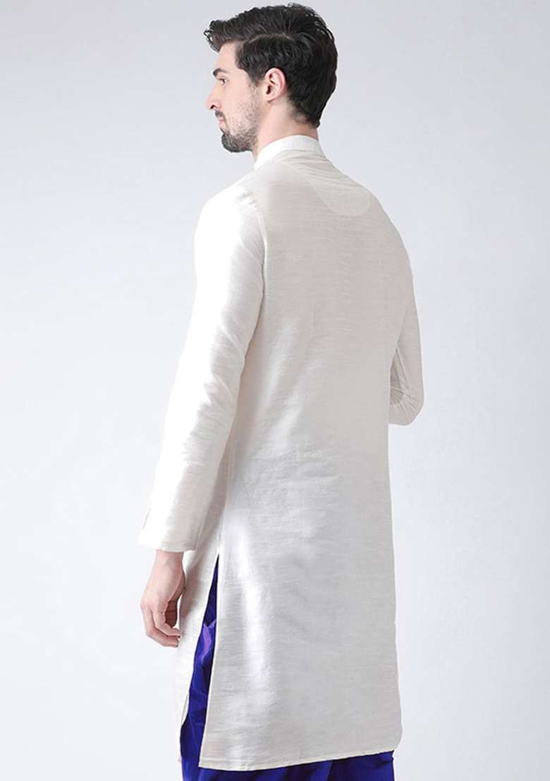 Cream Solid Art Silk Blend Indo Western Sherwani Set For Men - Indya