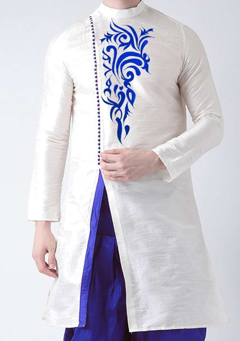 Cream Solid Art Silk Blend Indo Western Sherwani Set For Men - Indya