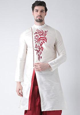 Cream Solid Art Silk Indo Western Sherwani Set For Men